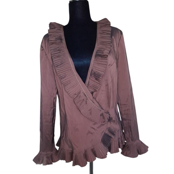 Vtg Cache Ruffle Wrap Stretch Event Cocktail Party Blouse Size 14 Metallic Brown - Picture 1 of 6